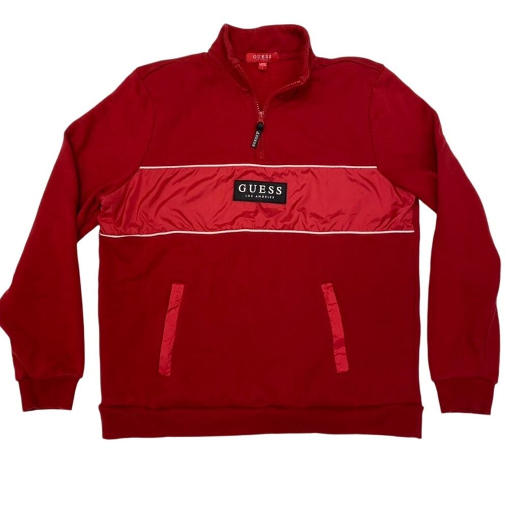 Guess Originals Mens Large Red Fleece Half Zip Pullover Sweater Sweatshirt Logo